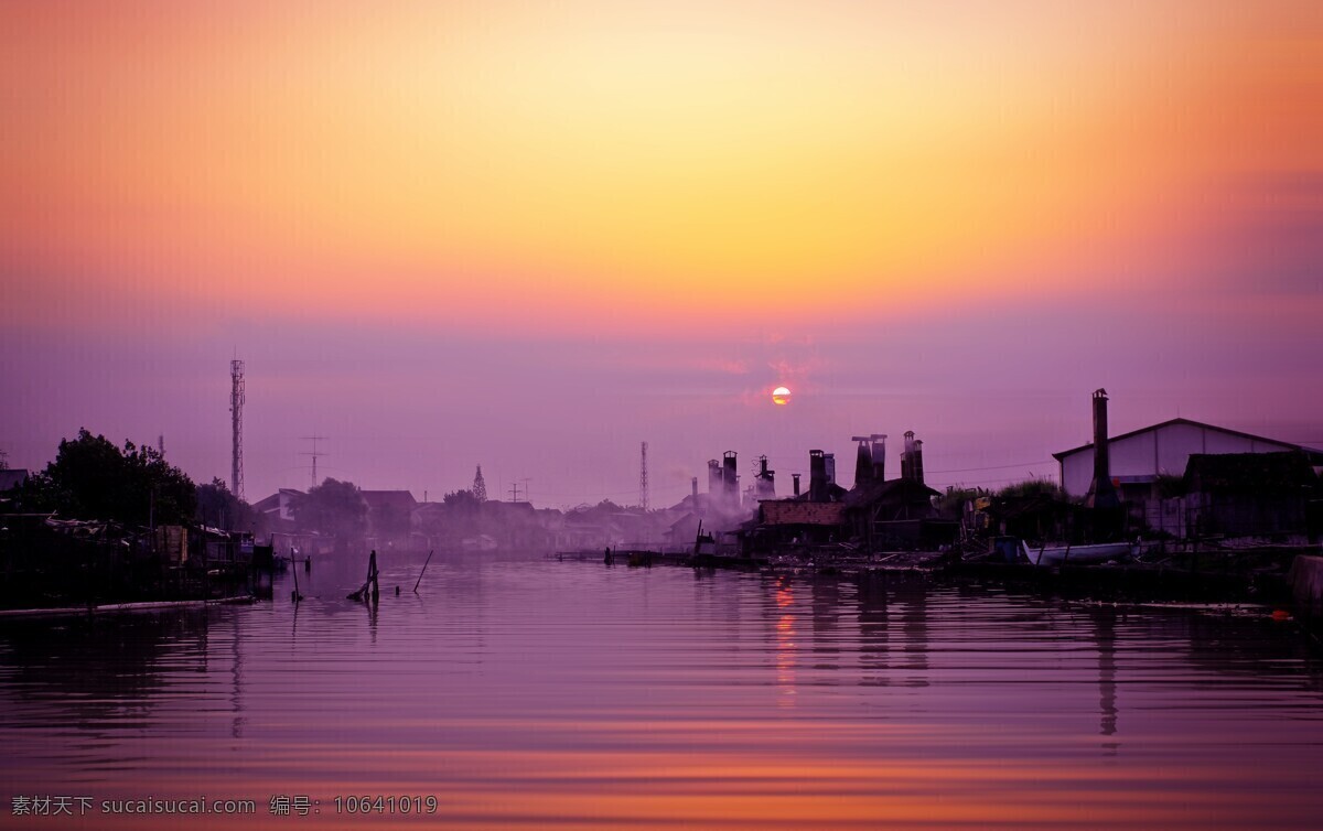 太阳 升起 湖边 太阳升起的 小工厂 河边 河水 早晨清晨 黎明 风景 自然景观 自然风景