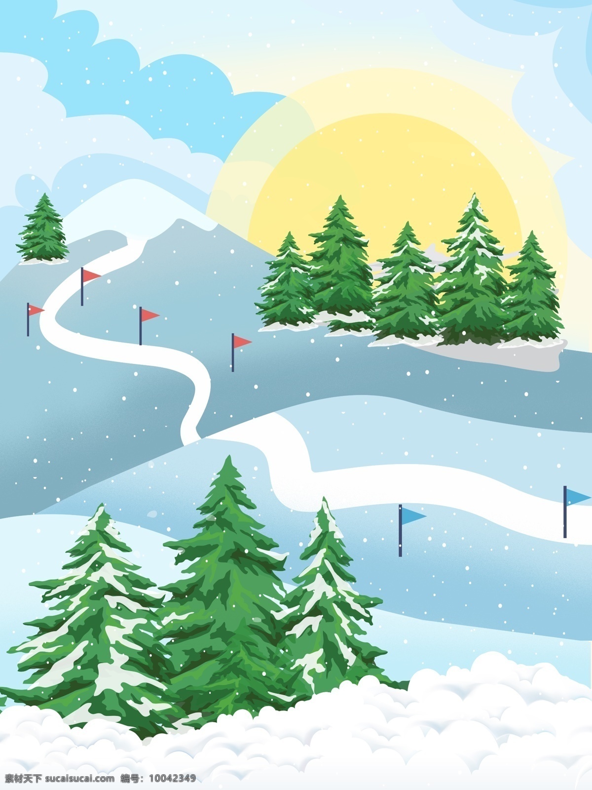 彩绘 雪地 滑雪 场地 背景 树林 冬季 清新 创意 圆月 比赛 雪场 广告背景 手绘背景 背景展板 特邀背景 促销背景 背景展板图