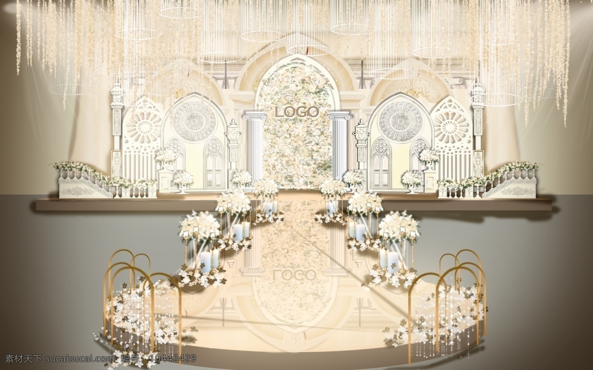 浪漫 欧式 婚礼 现场 布置 效果图 舞台 结婚 香槟色 罗马 木制作 玫瑰 鲜花