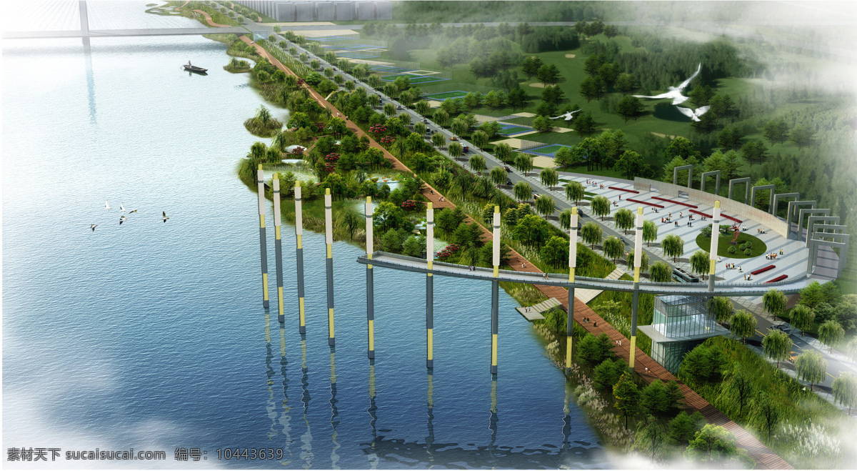 滨河 景观 廊道 节点 鸟瞰 景观节点 广场 艺术造型的桥 环境设计 效果图