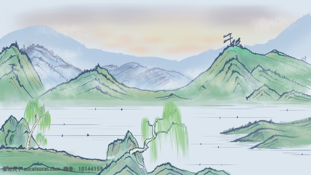 清新 彩绘 春季 山水风景 背景 绿色背景 治愈系背景 插画背景 植物背景 景色插画背景