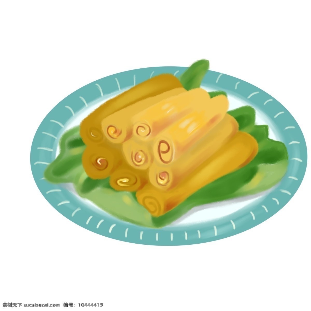盘 黄色 蛋卷 插画 春节美食 碟子 中国风 年货节 过年 一盘蛋卷插画 黄色的蛋卷 绿色的蔬菜 蓝色的盘子