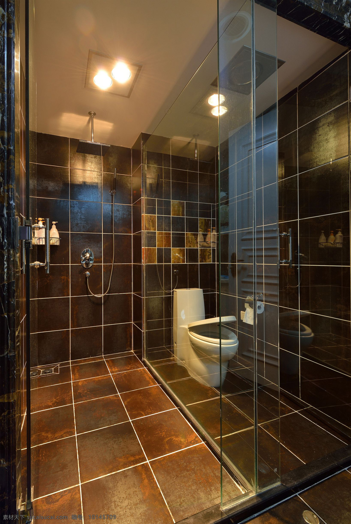 现代 轻 奢 浴室 亮 褐色 格子 地板 室内装修 效果图 壁灯 浴室装修 玻璃门 褐色地板