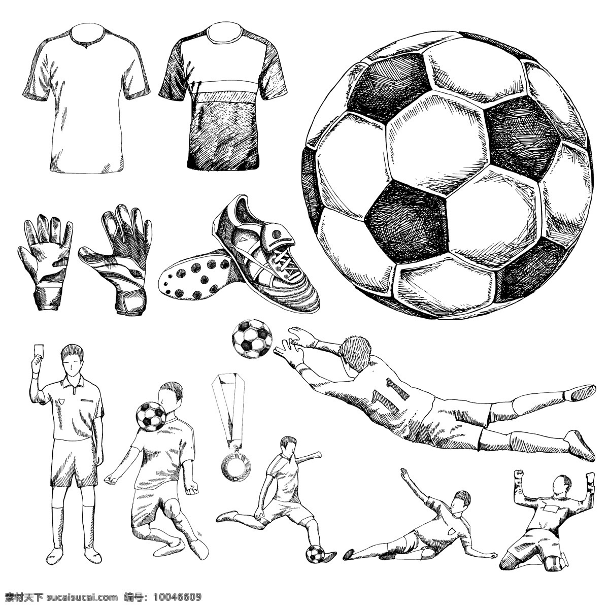 款 手绘 足球 元素 矢量 守门员 人物 手套 球鞋 球服 足球手 球员 裁判 奖牌 插图 矢量图 白色