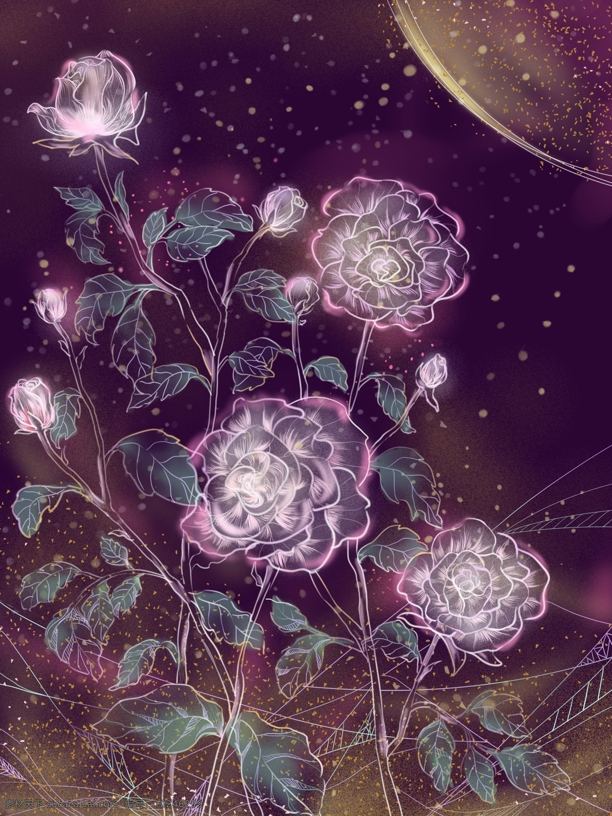 透明 质感 蔷薇 中国 风 插画 花卉 装饰画 撒 点 发光 中国风 撒点 花好月圆 中式