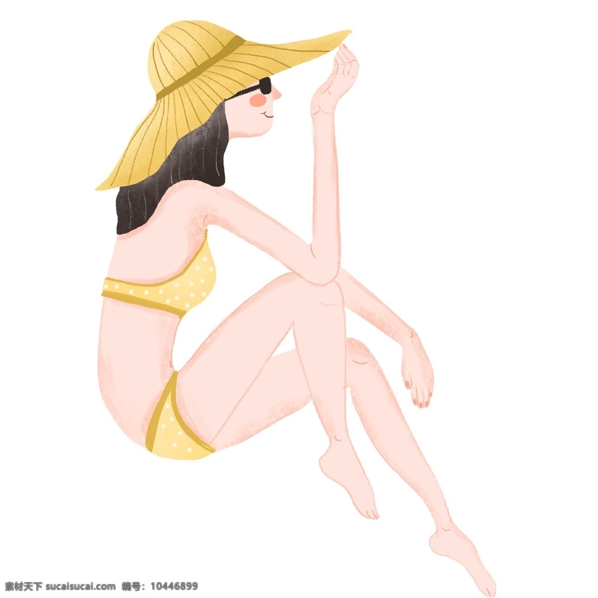 海滩 人物 女孩 插画 黄色 帽子 卡通 彩色 小清新 创意 手绘 元素 现代 简约 装饰 图案
