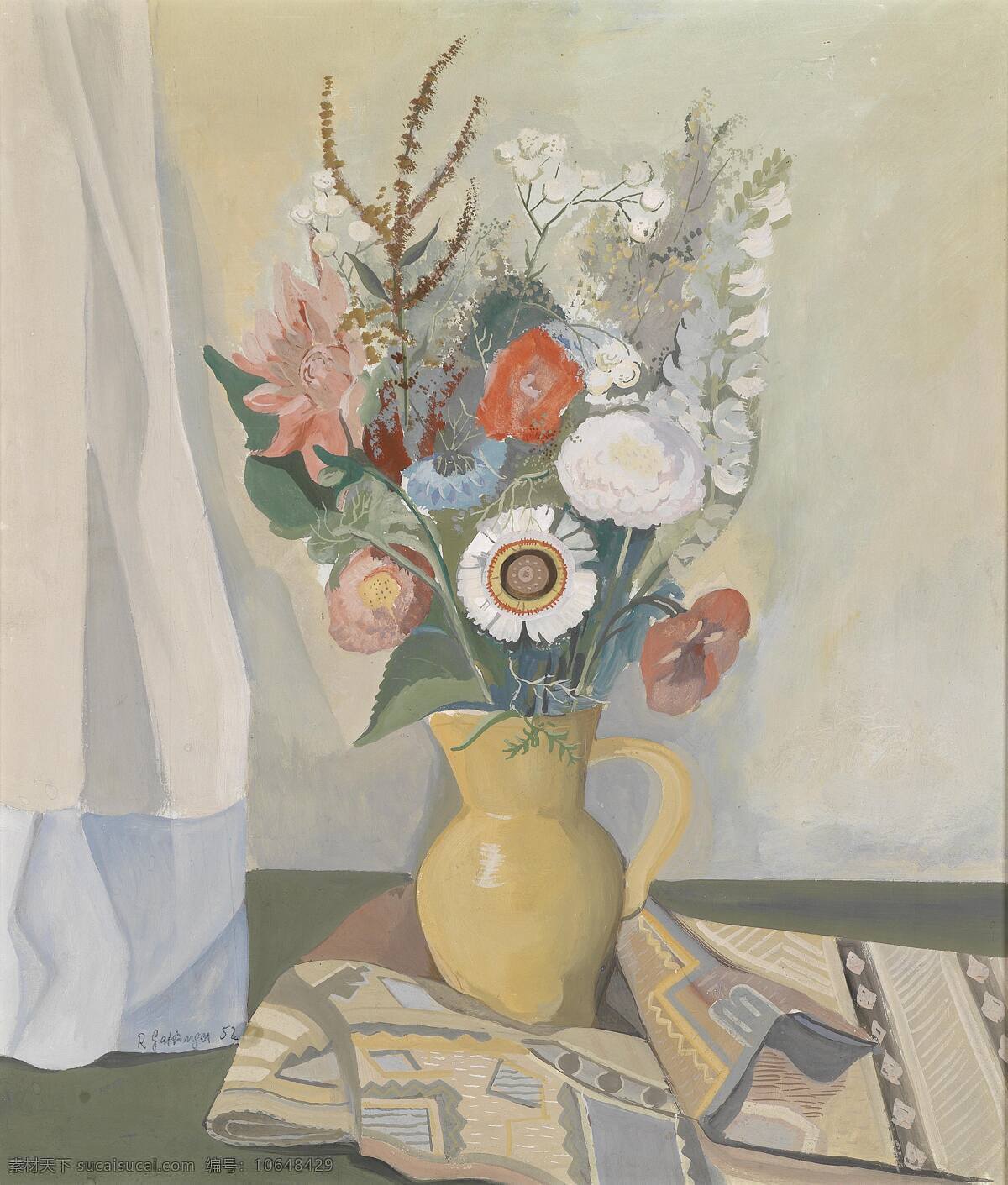 静物鲜花 混搭鲜花 花瓶 黄色花瓶 20世纪油画 油画 绘画书法 文化艺术