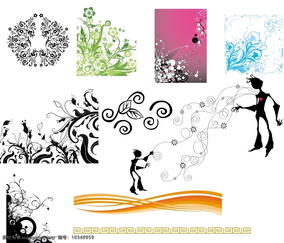 漂亮 花纹 组合 韩国 人物 剪影 花边 白色