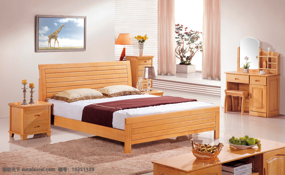 实木 床 高清 图 床头柜 地毯 挂画 梳妆台 实木床 实木床背景 家居装饰素材 室内设计
