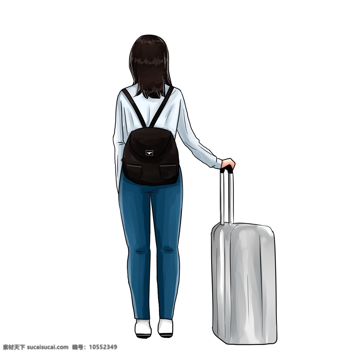 春节 回家 春运 旅行 旅游 手绘 卡通 女孩 背影 行李箱 手绘女孩 卡通人物 独自 一人 背着 包 手