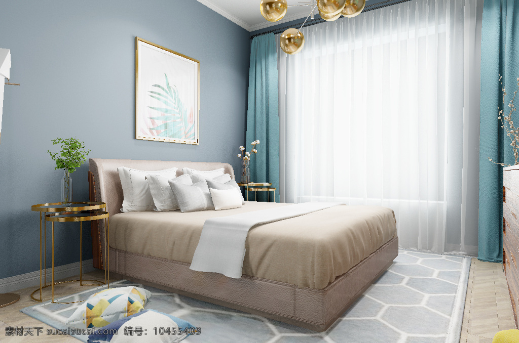 现代 简约 卧室 效果图 蓝色 时尚 清新 3d 温馨