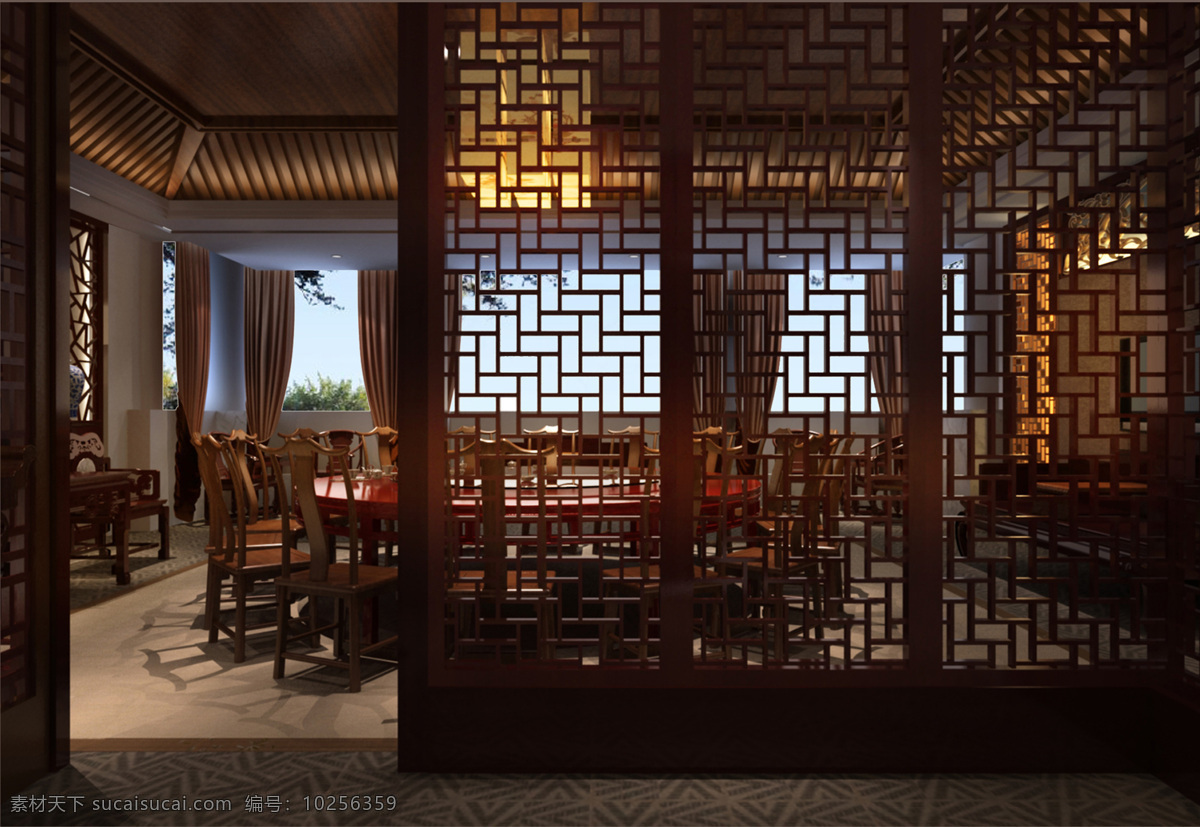 中式 餐厅 包厢 环境设计 室内设计 中式餐厅包厢 木花格隔断 木造型顶 家居装饰素材