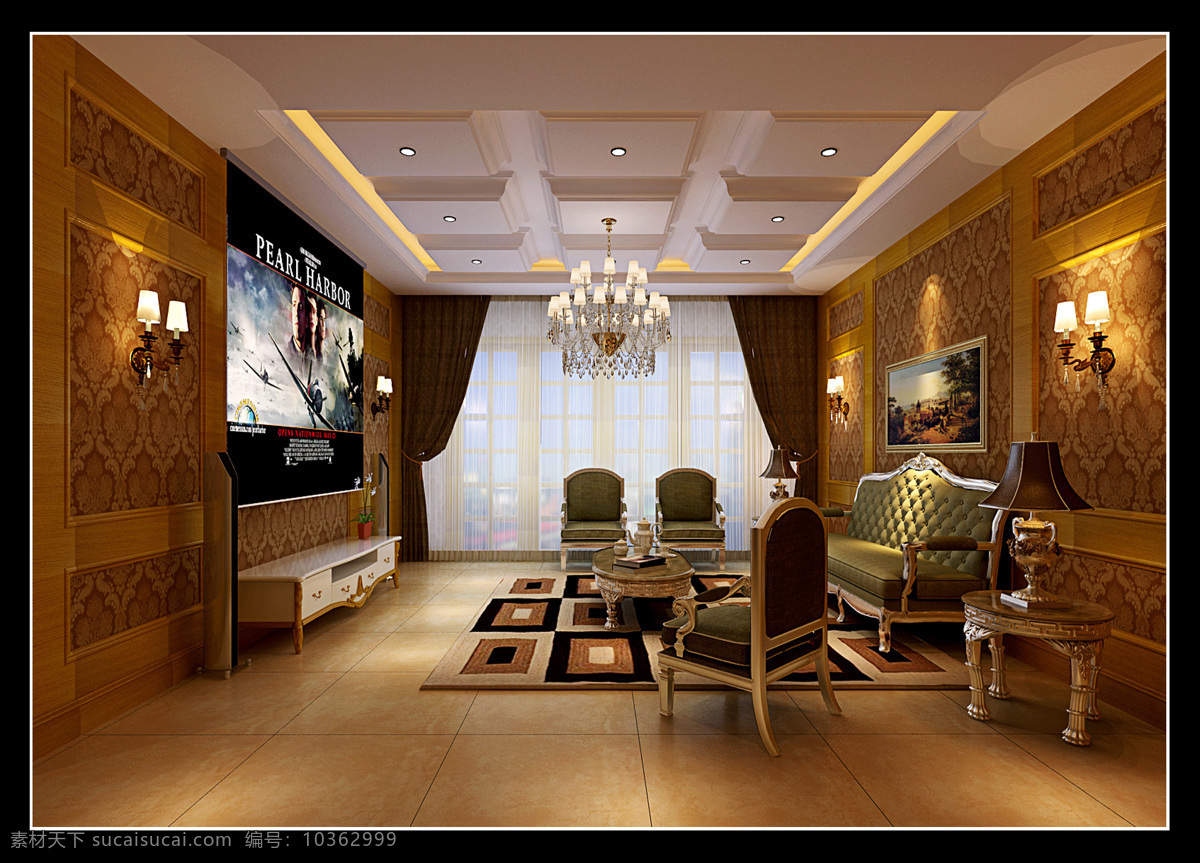 影视厅 效果图 窗户 窗帘 吊灯 环境设计 米黄 欧式 沙发 影视厅效果图 室内设计 家居装饰素材 灯饰素材