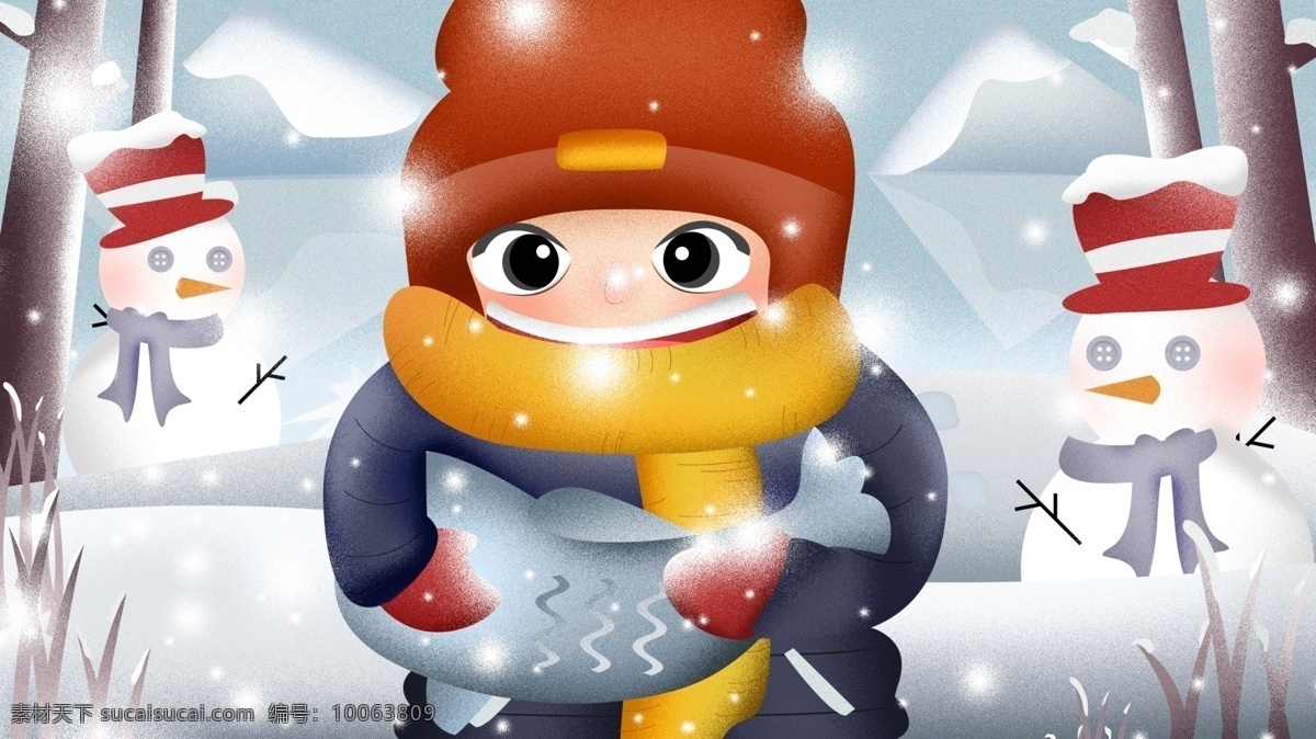 堆 雪人 冬天 小孩 小雪 肌理 插画 壁纸 堆雪人 下雪 晒鱼