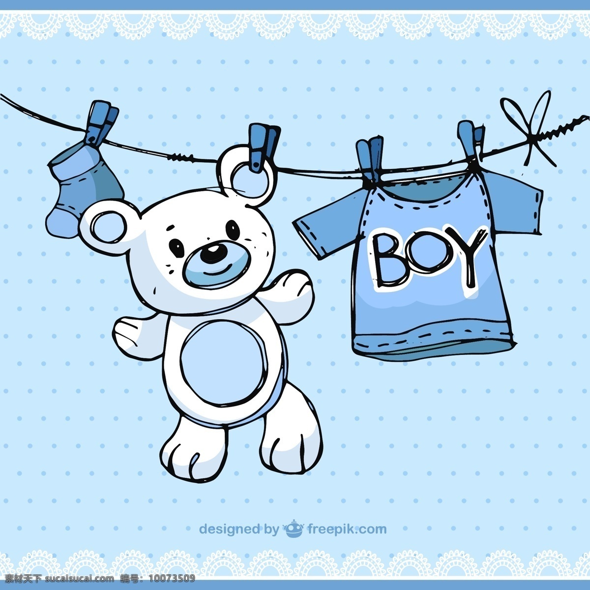 蓝色 晾 衣 绳 玩具 熊 矢量图 蕾丝 母婴 母婴素材 晾衣绳 玩具熊 夹子 晾衣夹 婴儿服装 衣服 婴儿袜 花边 点状 手绘 插画 生活百科 生活用品