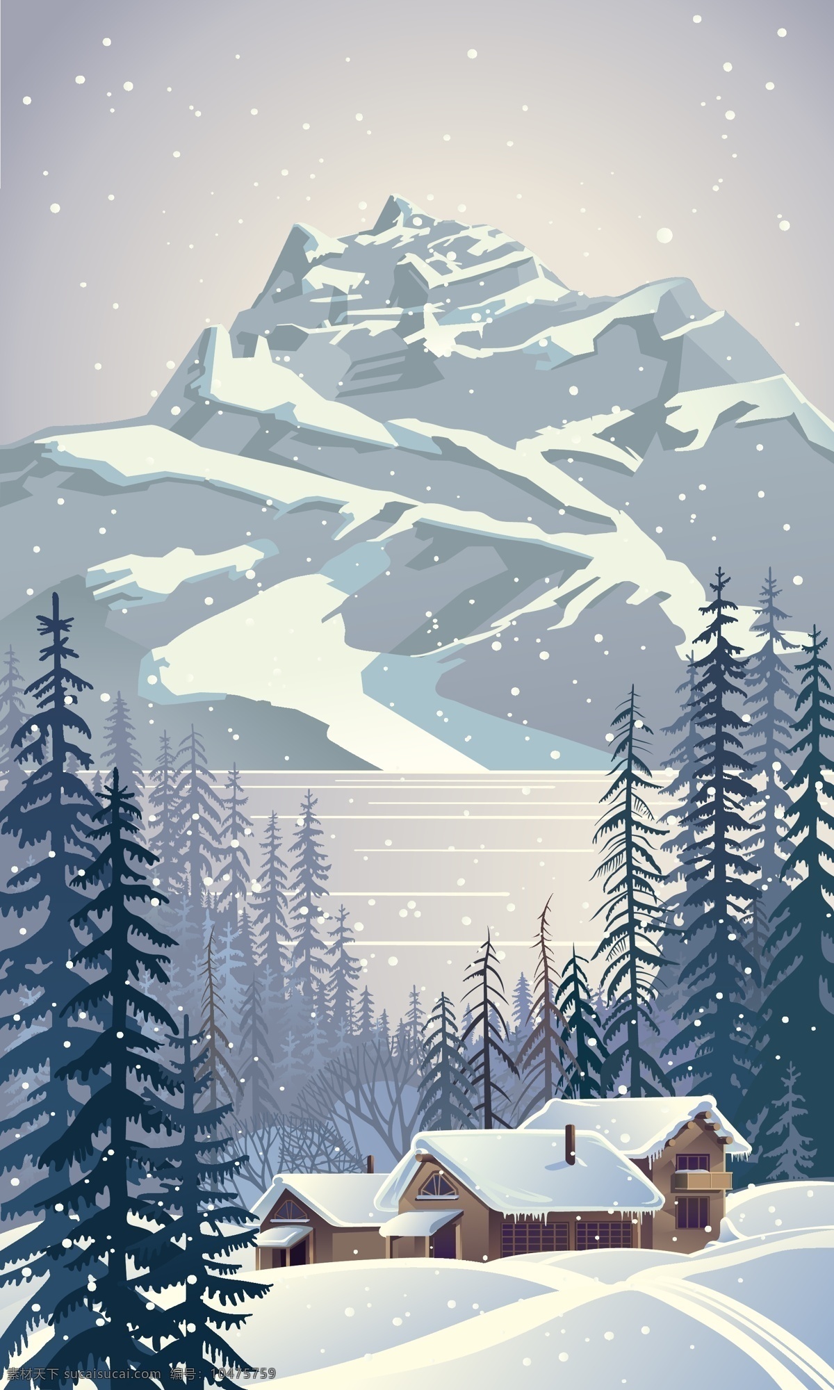雪山 下 房子 插画 冬天 风景 松树 下雪 自然 雪花