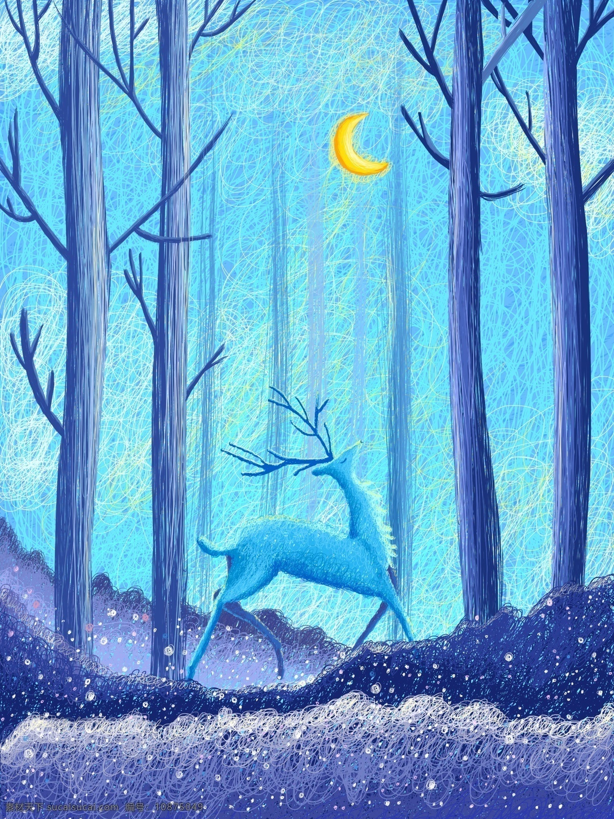 线圈 印象 森林 鹿 治愈 插画 蓝色 月亮 唯美 浪漫 森林与鹿 线圈印象 线圈画