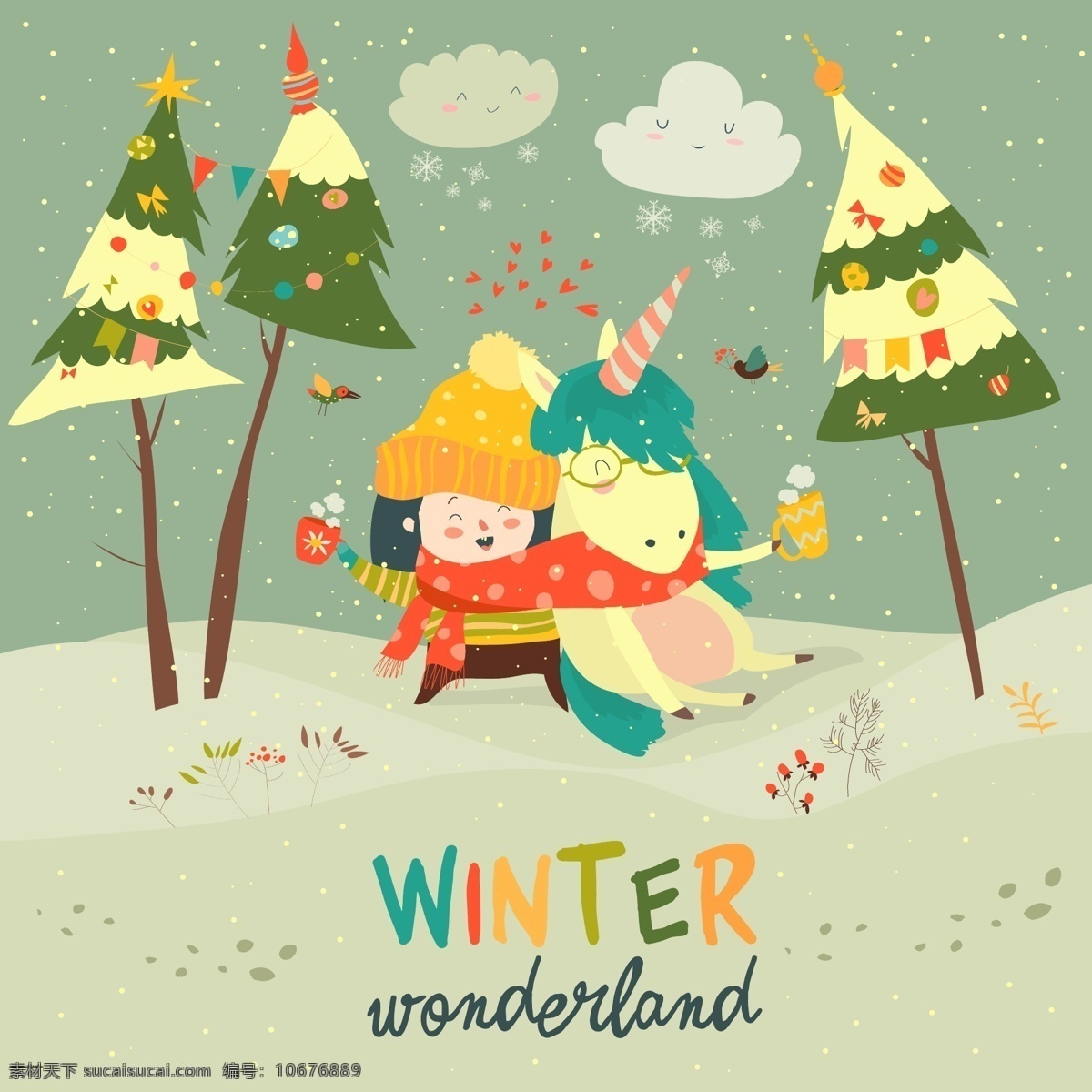 冬季 仙境 可爱 女孩 拥抱 独角兽 冬季仙境 卡通树木 可爱女孩 树木