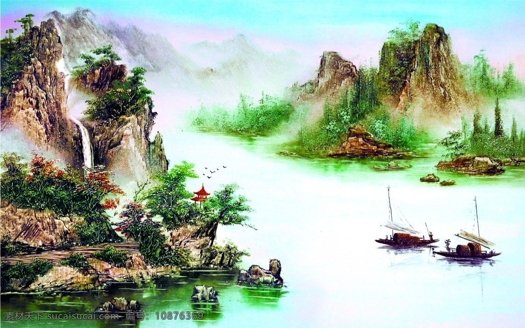 碧水 房子 风景画 河流 湖泊 划船 辉煌 蓝天白云 流水 绿草 山水画 山水油画 油画风景 油画山 树 树林 远山 石头 茅屋 山村油画 分层