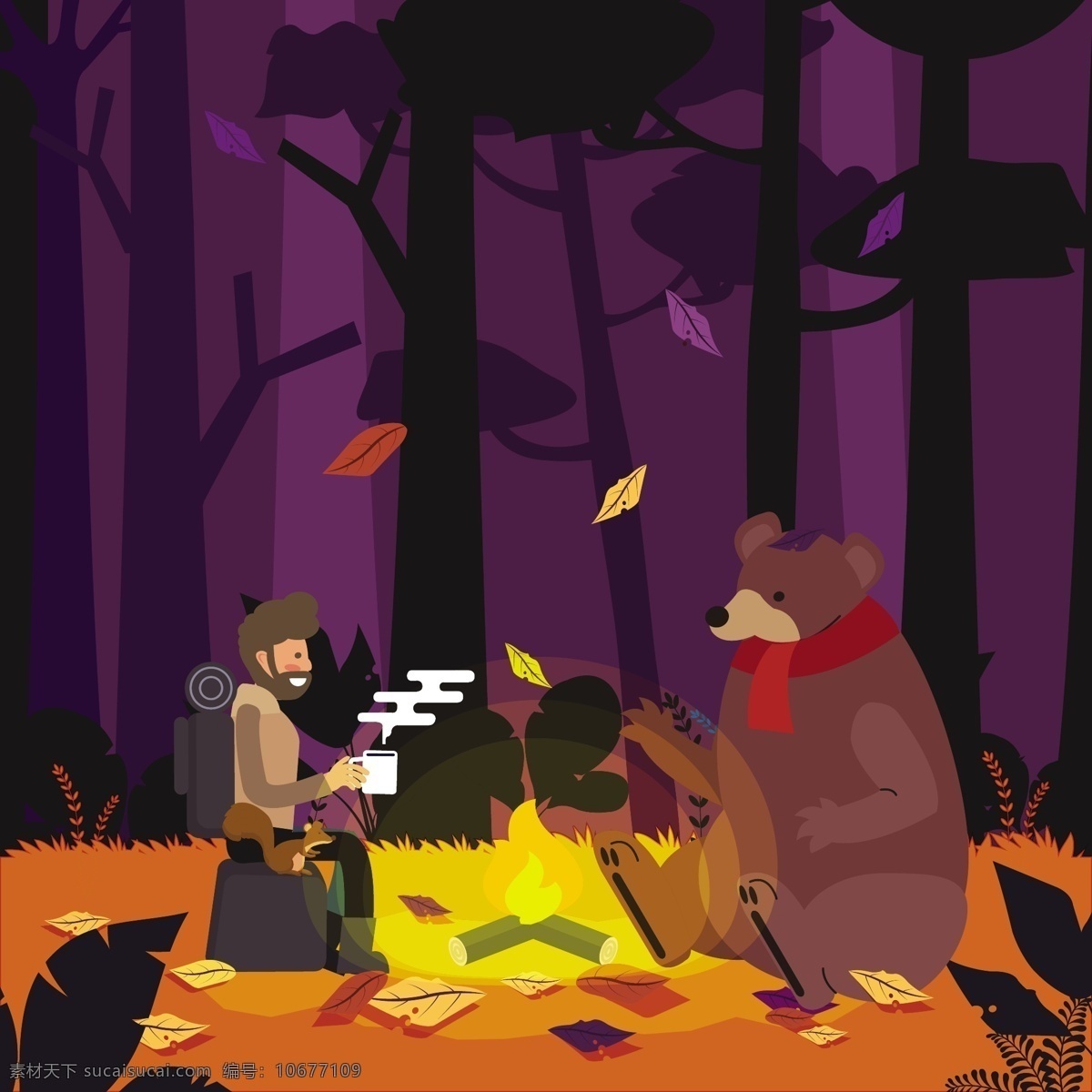 森林 熊 烤火 矢量 树林 植物 火 矢量素材 树