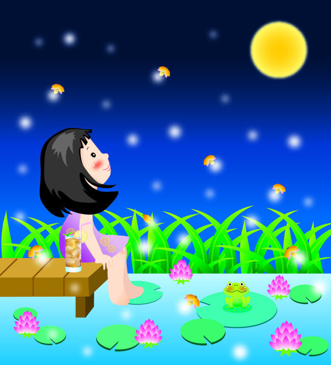 夏天 看 月亮 孩子 可爱 卡通 夜景 蓝色