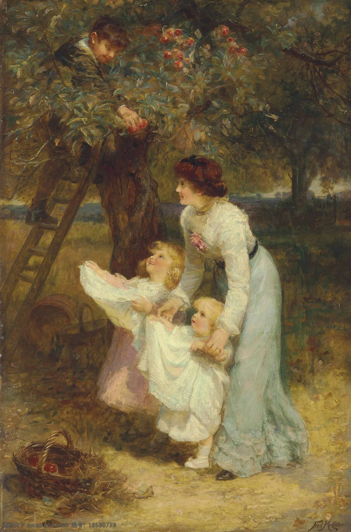 弗雷德里克 摩根 作品 英国画家 摘苹果时间 两个小姑娘 提出围裙 树上男孩 妇女 19世纪油画 油画 文化艺术 绘画书法