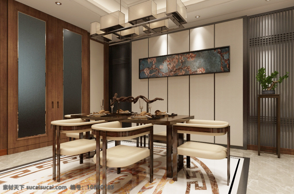 新 中式 餐厅 室内 装饰装修 效果图 装饰画 餐桌 室内装修 室内设计 3d模型 新中式风格 新中式餐厅 餐厅效果图 边柜