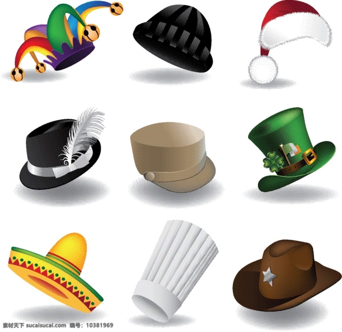 矢量卡通帽子 厨师帽 墨西哥帽子 小丑帽子 卡通帽子 帽子 矢量帽子 牛仔帽 珠宝服饰 生活百科 矢量素材 白色