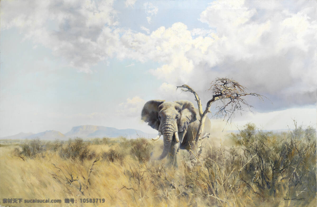 大象油画 唐纳德 格兰特 作品 英国画家 非洲草原 树 大象 20世纪油画 油画 绘画书法 文化艺术