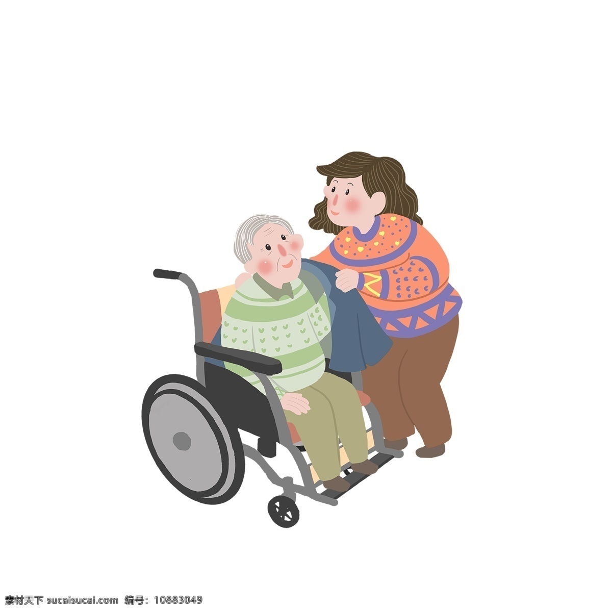 创意 卡通 关爱 老人 元素 免抠图 关爱老人 女人 轮椅 公益元素