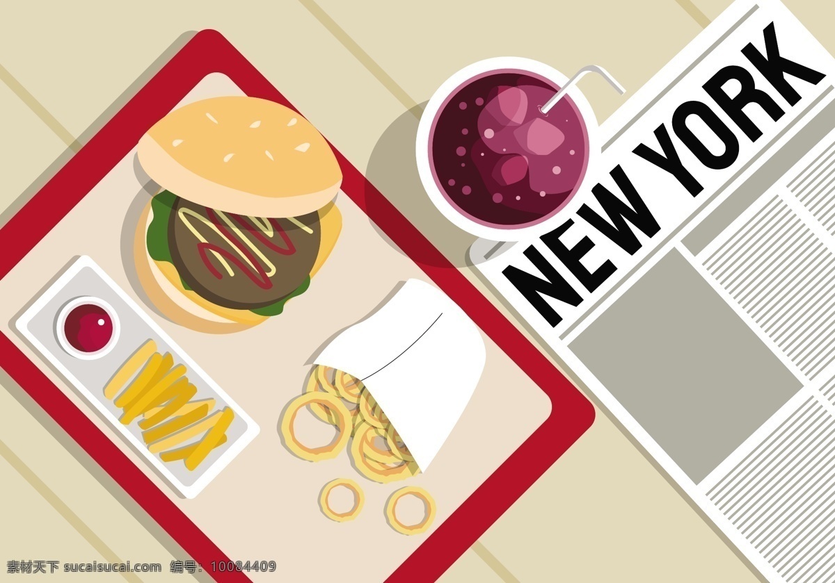 纽约 食物 矢量图 纽约食物 背景 报纸 可乐 汉堡包 薯条 番茄酱 分层