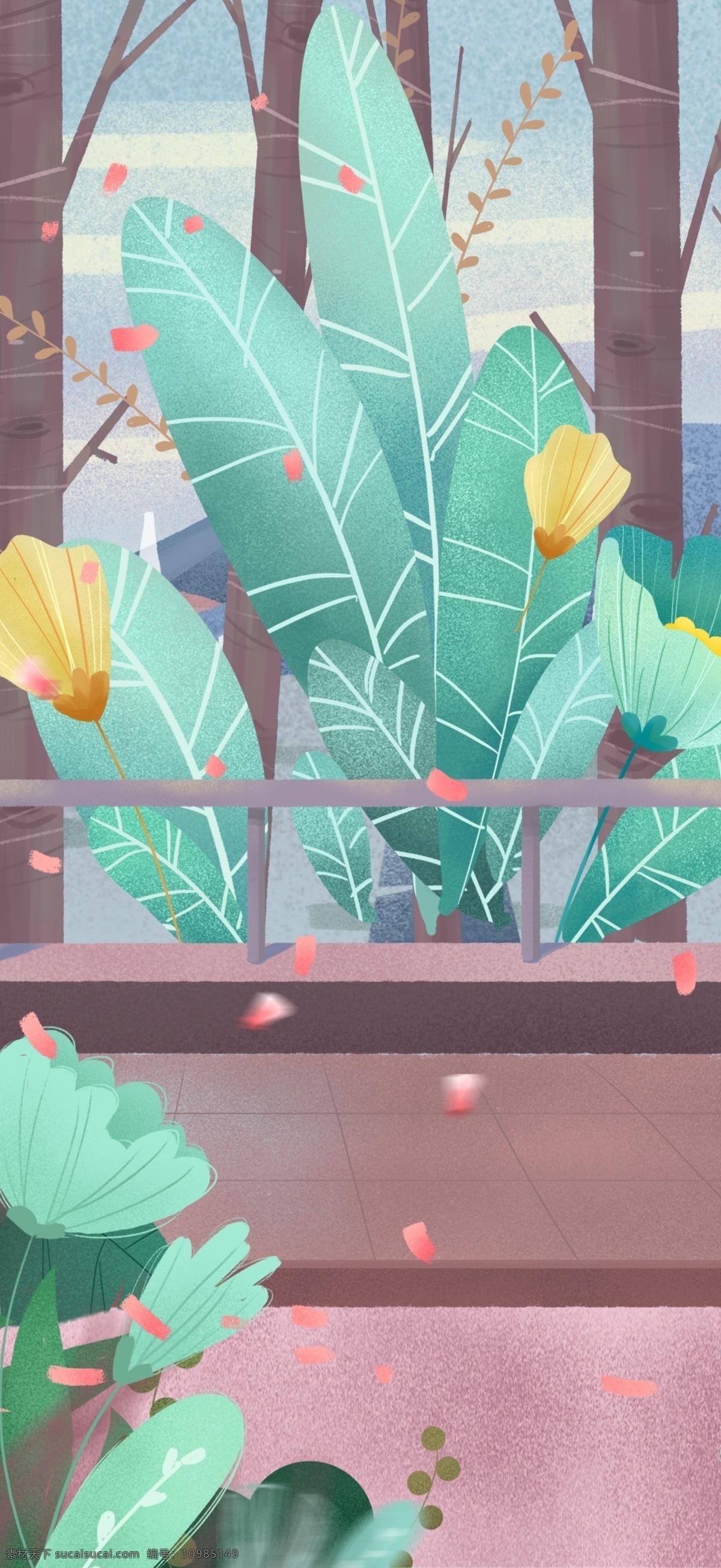 卡通 手绘 绿色植物 风景 插画 背景 景色插画背景 手绘背景 森系背景 树林背景 树叶背景 绿色背景 治愈系背景