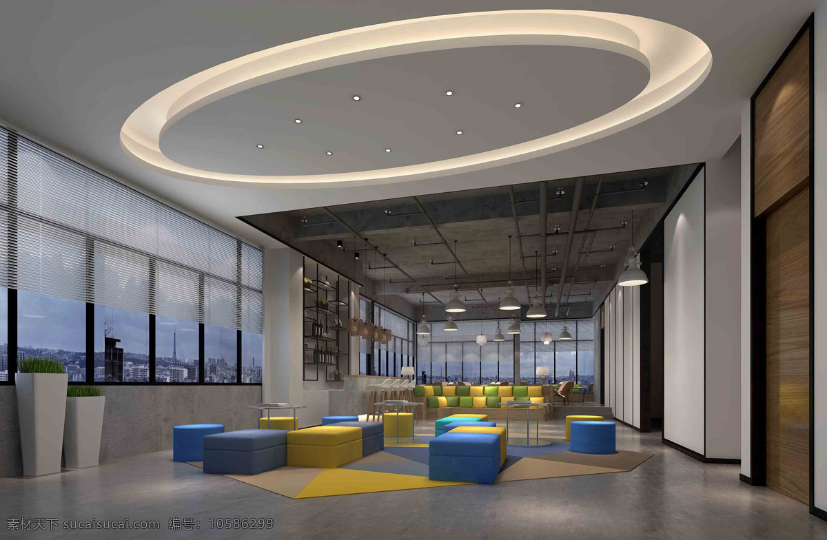现代 创意 办公室 黄 蓝色 凳子 工装 装修 效果图 黄蓝色凳子 灰色地板 工装装修 办公室装修 工装效果图