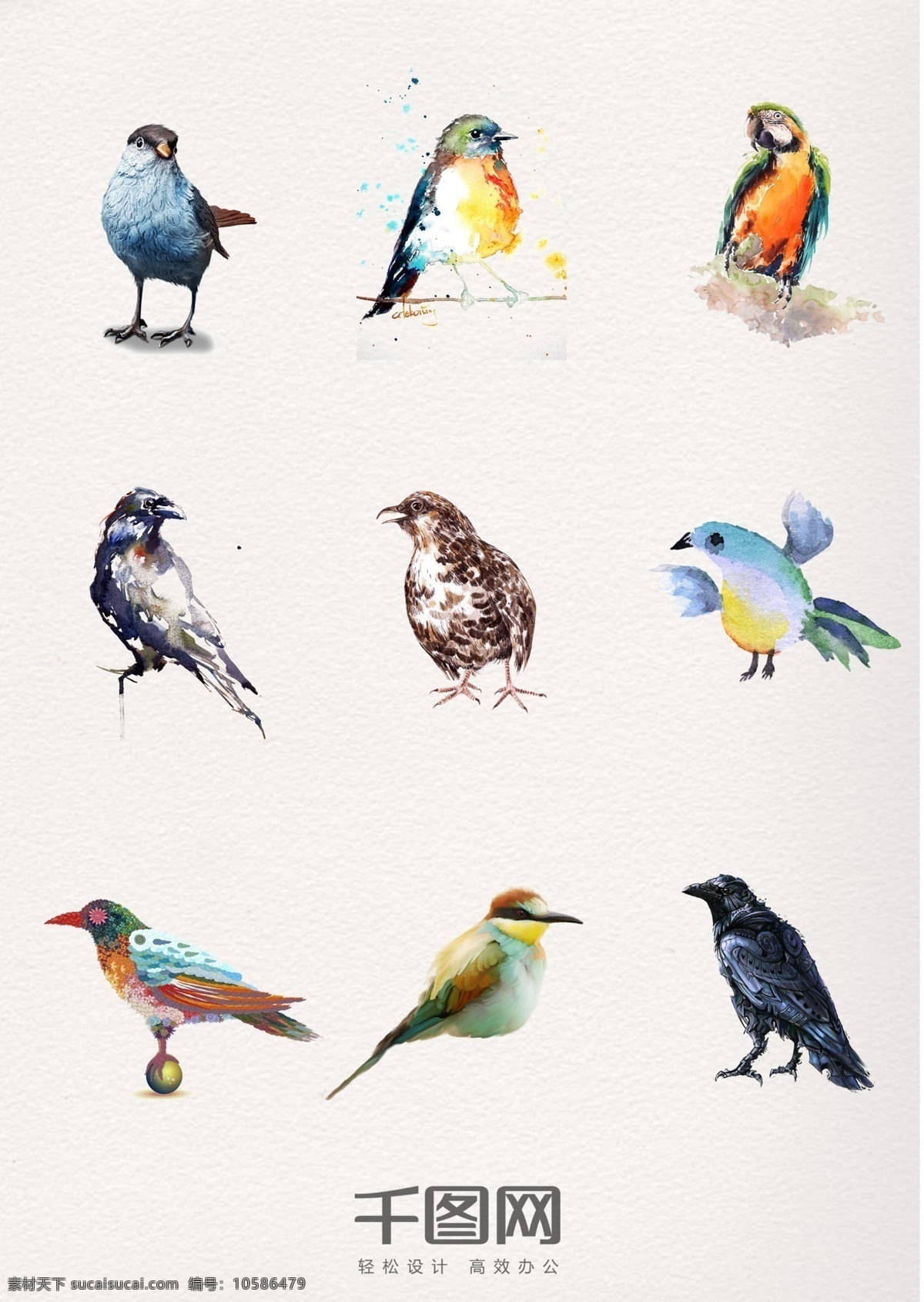 组 水彩 动物 飞鸟 元素 手绘 翅膀 插画 psd素材 可爱