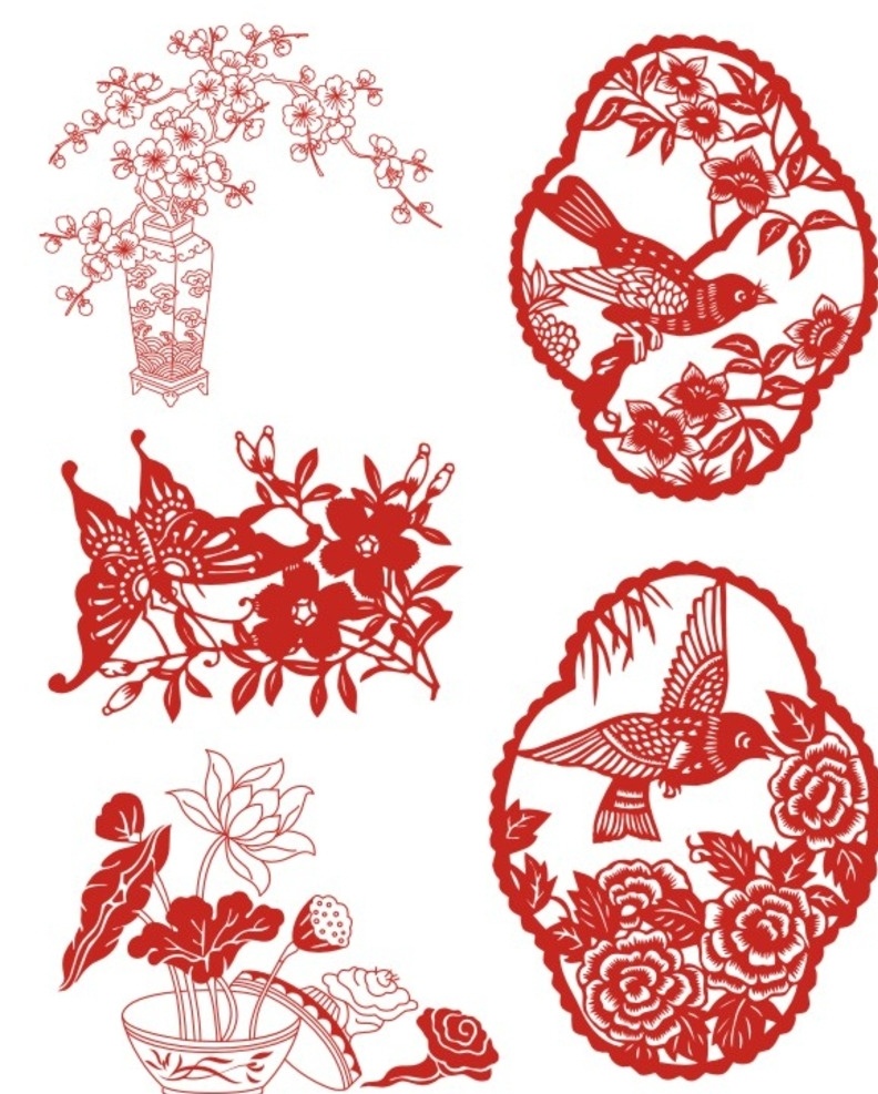 中国 传统 古典 图案 花鸟剪纸 花鸟 剪纸 中国红 中国风 中国元素 窗花 文化艺术 传统文化