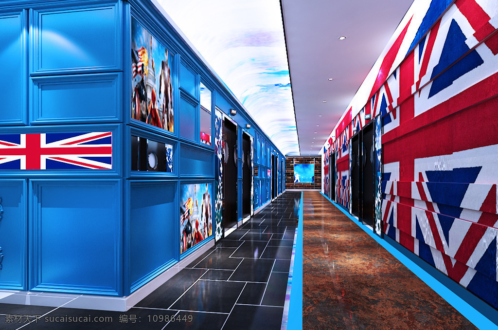 室内设计 3d 效果图 ktv 米字 走廊 过道 红蓝白 木门 显示屏