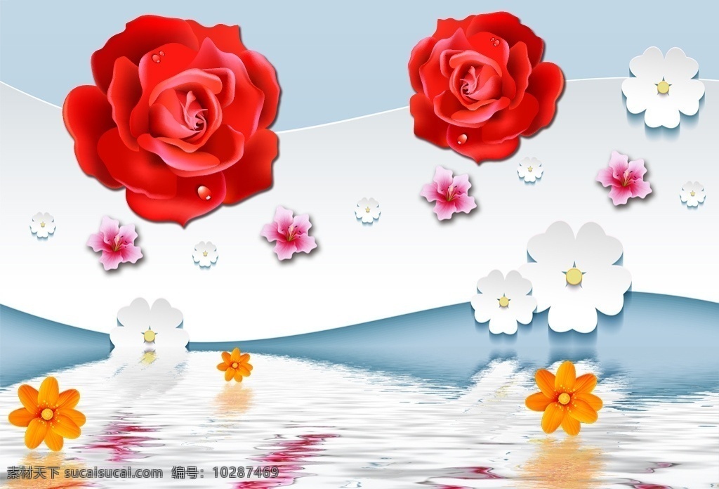 3d 水上 玫瑰 立体 方块 圆形 倒影 波纹 花卉 分层 电视背景墙 装饰画 背景墙系列