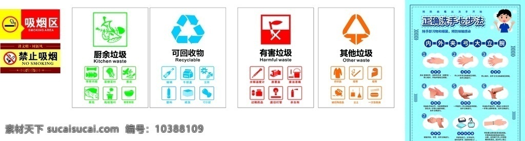 垃圾分类 七 步 洗手 法 标识牌 七步洗手法 禁止吸烟 吸烟区 标志图标 公共标识标志