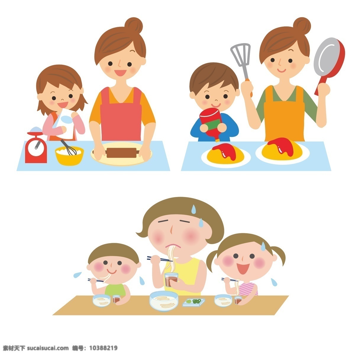 母亲 孩子 母亲与孩子 母子 儿子 女儿 母女 做饭 做菜 吃饭 卡通 动漫卡通插图 动漫动画