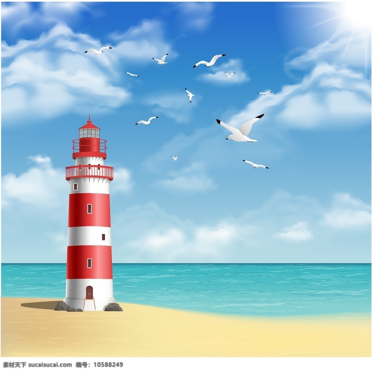 灯塔 海洋 大海 海鸥 海岛 海水 海浪 白云 蓝天 蓝色海洋 自然风景 交通 设计素材 卡通风景 自然景观 自然风光