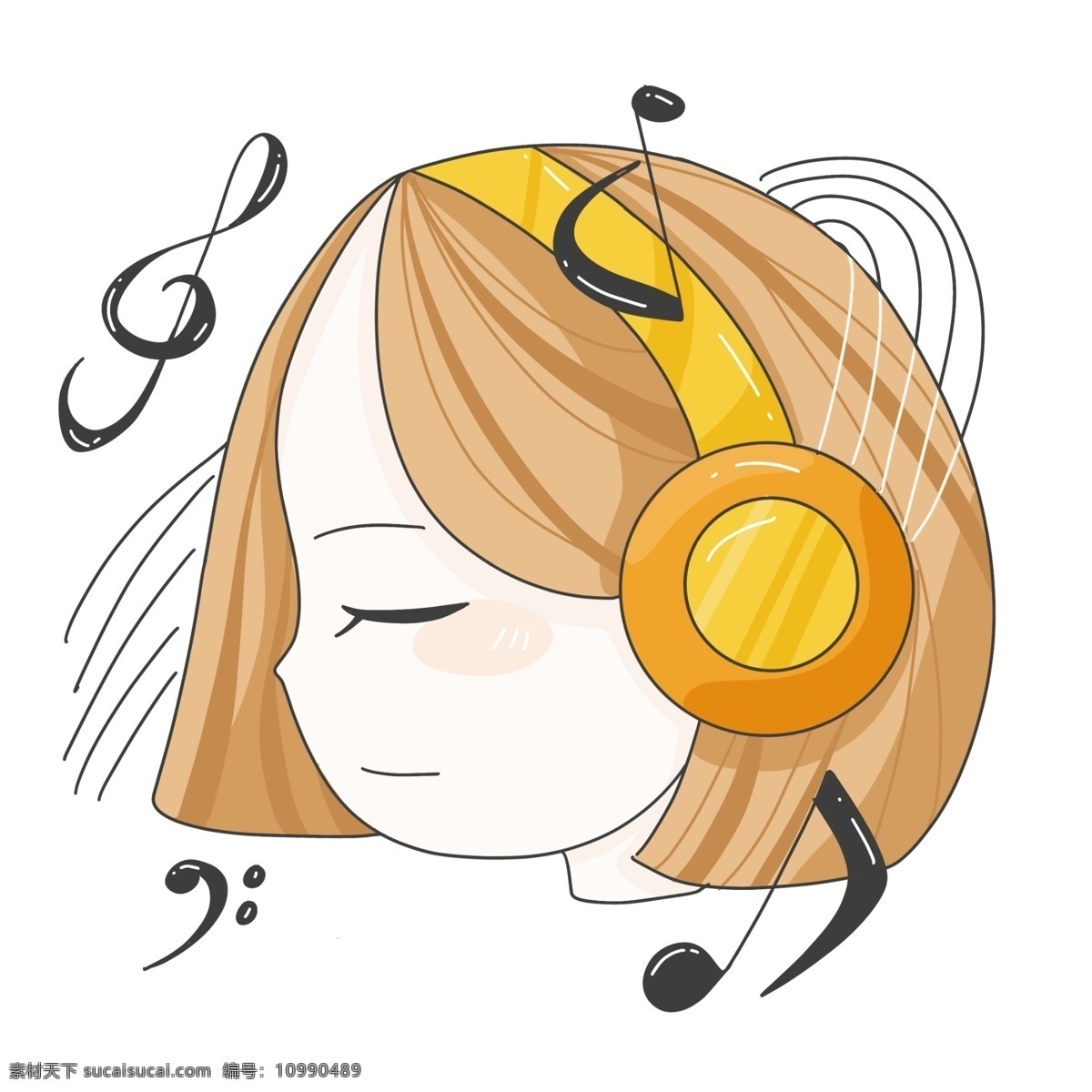 女孩 带 耳机 听 音乐 带着耳机 听音乐 音符 黄色耳机 女孩头像 户外动感 歌曲音符 歌曲