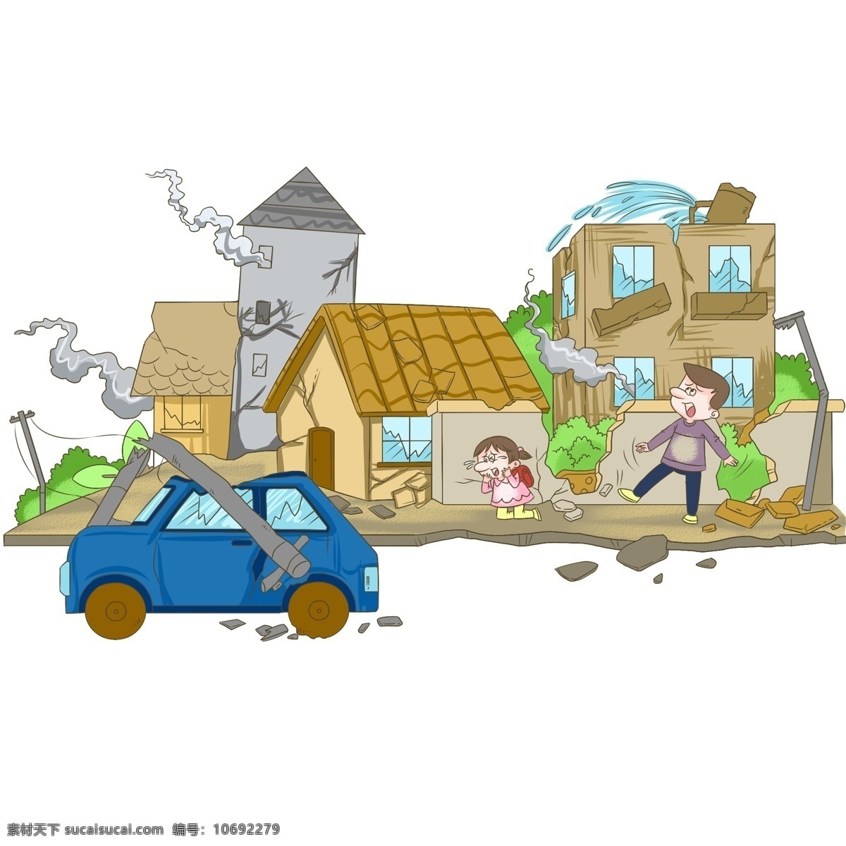 地震 灾害 房屋 倒塌 插画 地震灾害 房屋倒塌 手绘房屋 卡通房屋 惊慌失措 地震灾害插画 蓝色的轿车