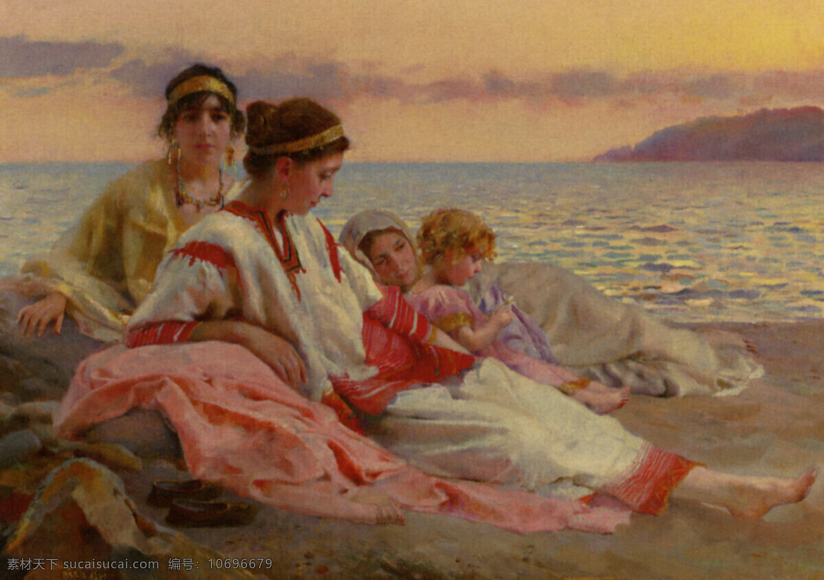 海滩 休息 女人 孩子 大海 贵妇 绘画书法 女士 人物 滩 世界名画 西洋油画 文化艺术 psd源文件