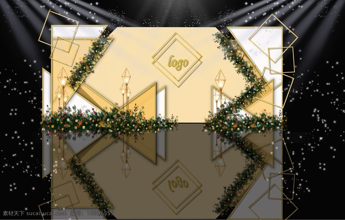 香槟 色 几何 婚礼 迎宾 区 效果图 钻石 灯 路 引 创意几何婚礼 金色 铁艺 框 亚克力素材 几何堆叠 白 黄色 三角形 六边形 创意 拼接