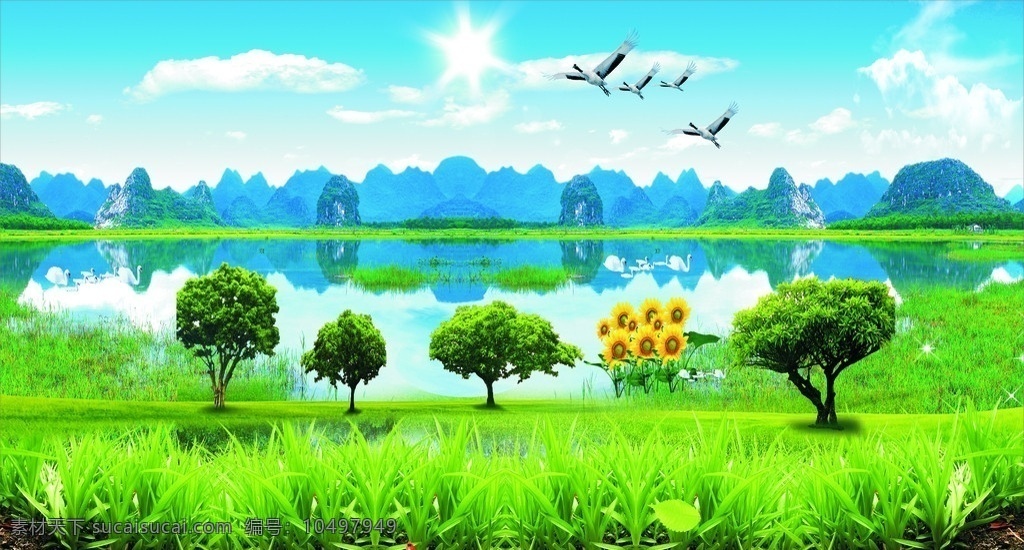 自然风景 高山流水 湖光春色 青草绿树 湛蓝的天空 自由的大雁 欢快的天鹅 大自然 风景名胜 自然景观 矢量