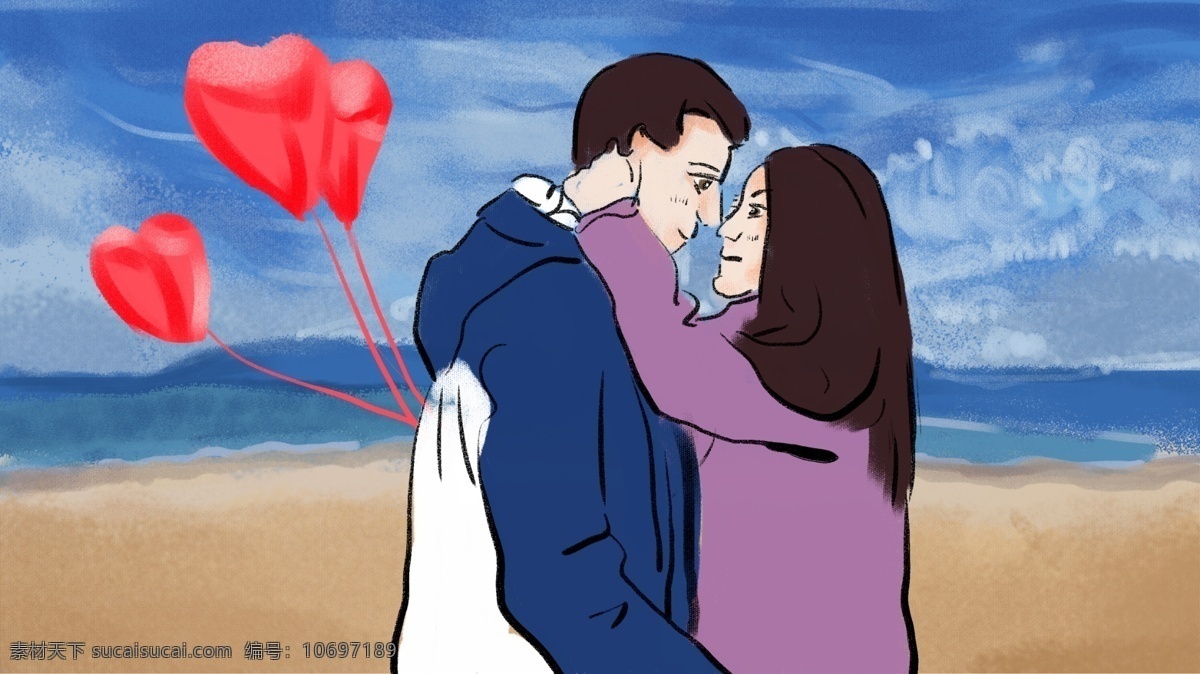 绿色 情人节 情侣 海边 拥抱 插画 浪漫 绿色情人节 旅行 甜蜜 手机配图