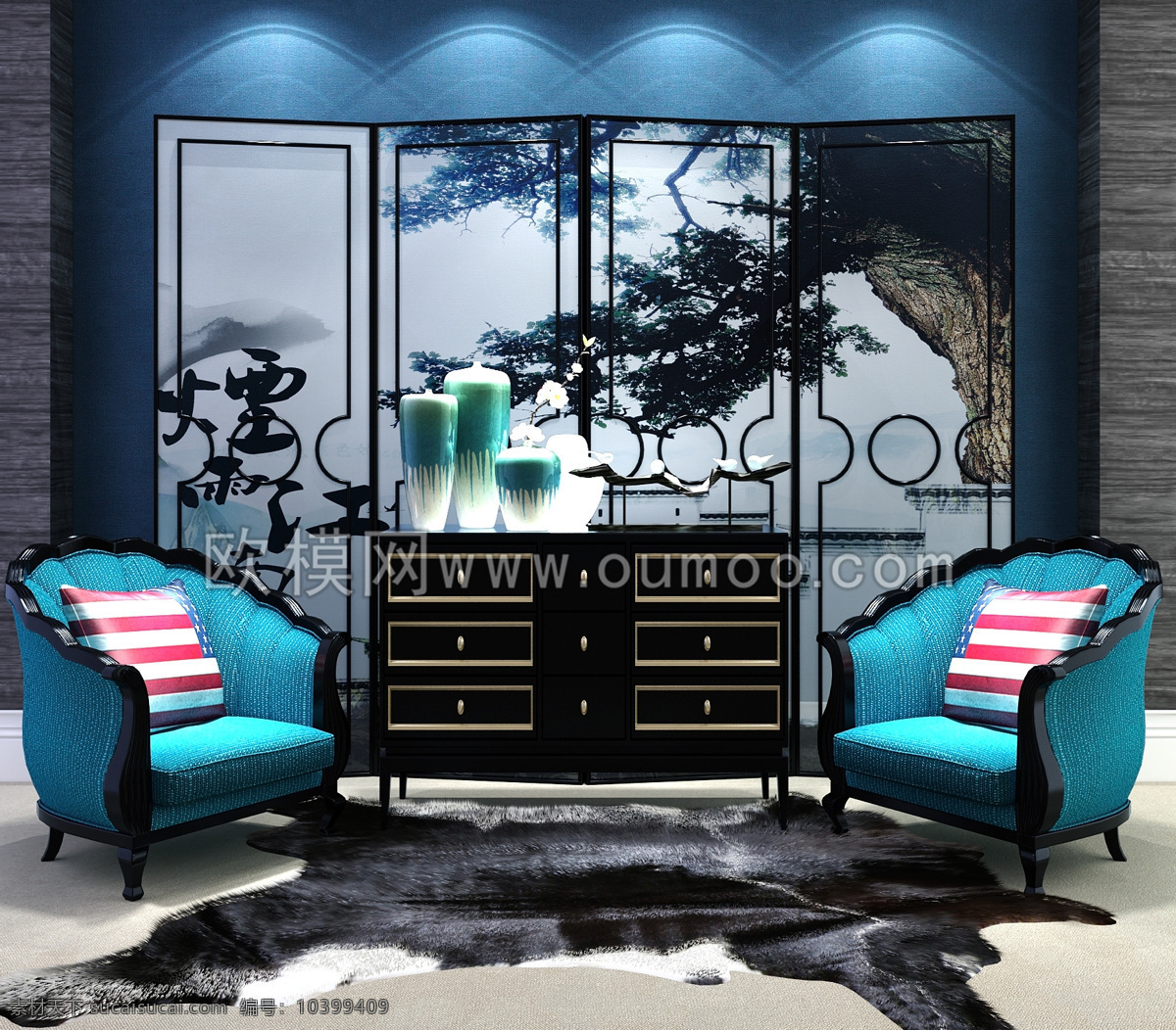 现代 中式 沙发椅 玄关 柜 屏风 饰品 组合 蓝色 3d模型 效果图 边柜 3d渲染 家具模型