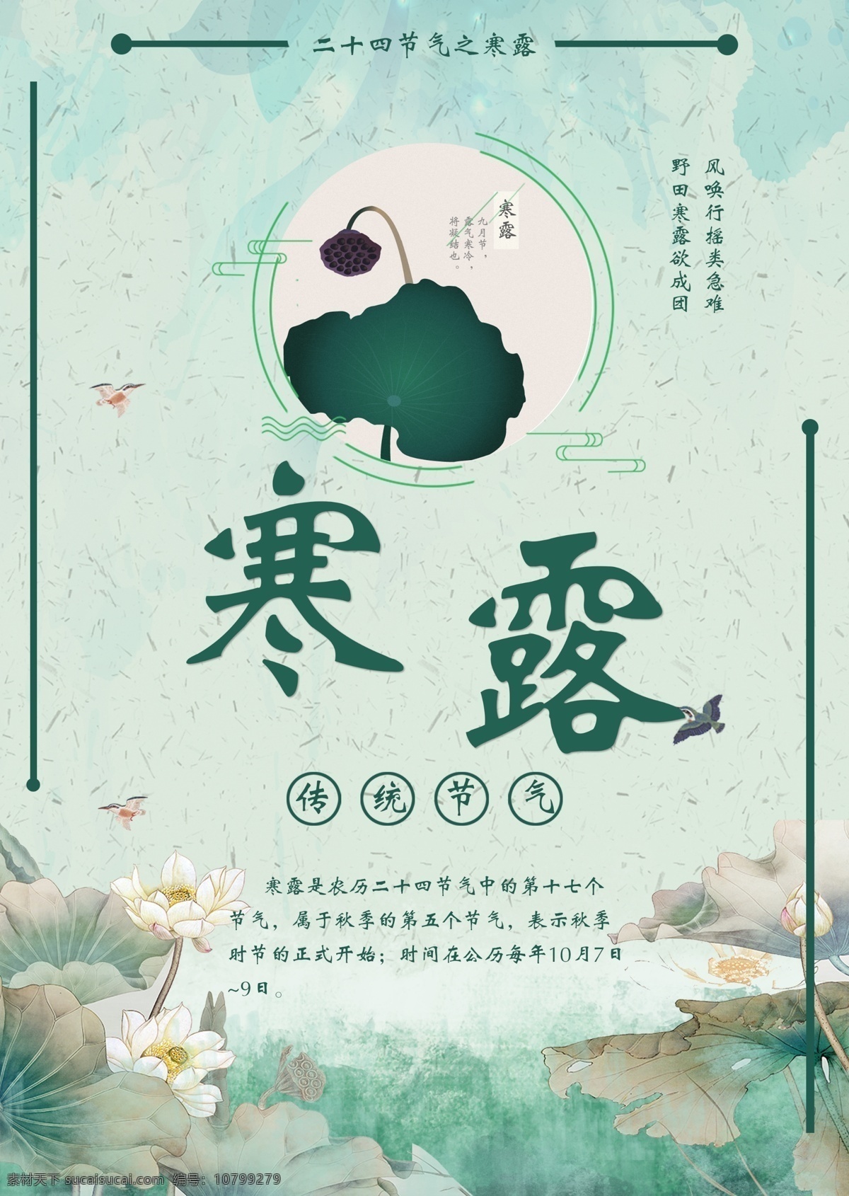 清新 简洁 文艺 二十四节气 寒露 荷花 中国风 节日 创意 海报 青色 寒露海报 白露 传统节气
