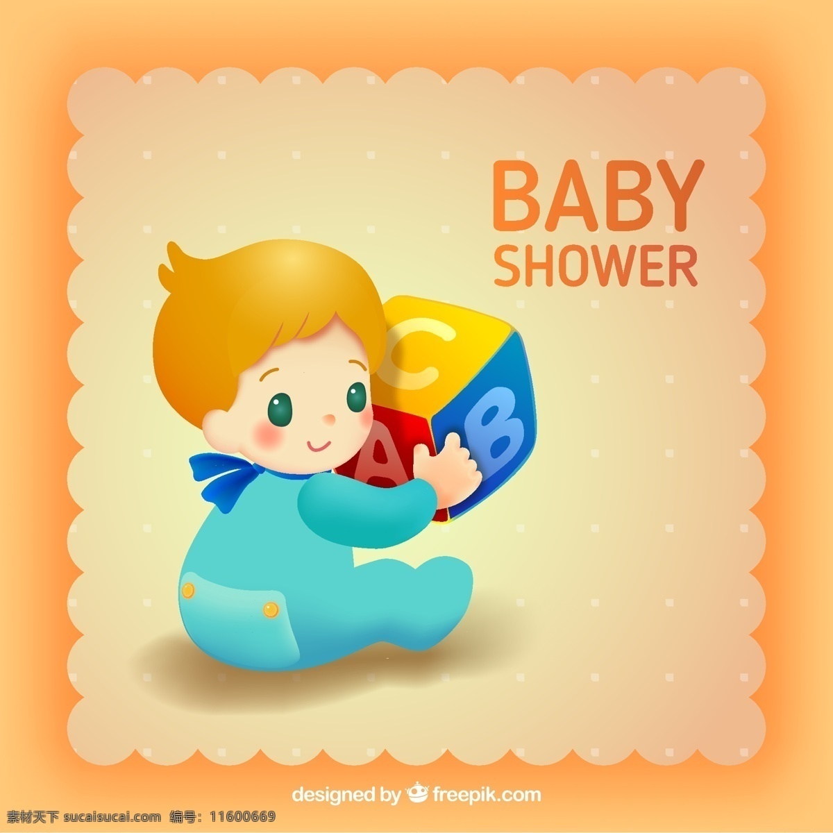 抱 积木 可爱 宝宝 卡通人物 婴儿 水玉点背景 相片 卡片 迎婴派对 矢量素材 黄色
