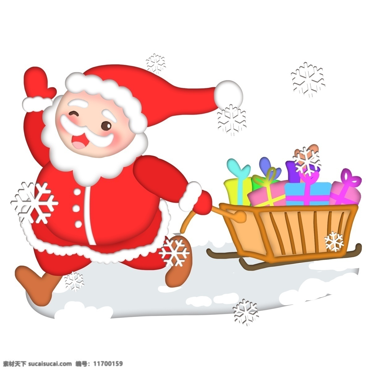 卡通 手绘 圣诞老人 送礼 物 手绘圣诞老人 手绘圣诞节 圣诞节 送礼物 雪花 红色系 冬天 圣诞帽 雪橇 拉礼物 奔跑